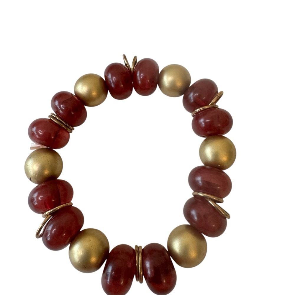Women's Gold and Red Beaded Stretchy Bracelet Boho Y2K 90s Retro Vintage